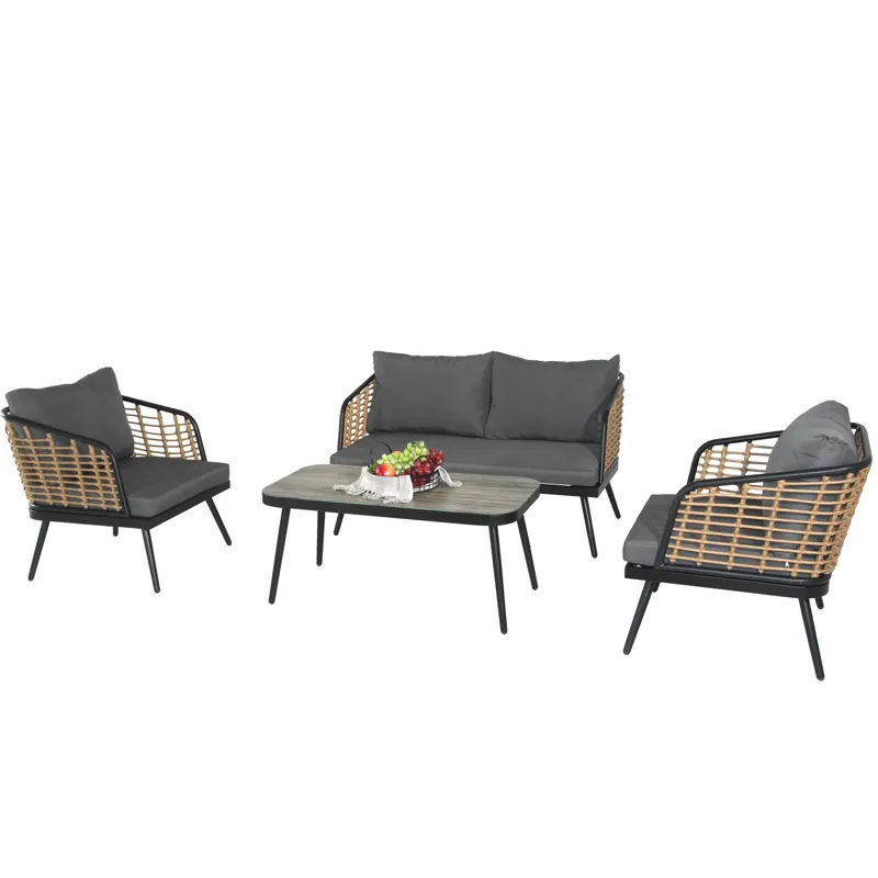 4 Pieces Patio Furniture Set, PE Rattan Wicker With Washable Cushion And Tempered Glass Tabletop, Co