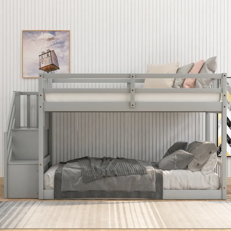 Twin Over Twin Floor Bunk Bed, Ladder With Storage - Gray