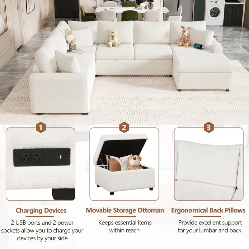 Sectional Sofa Pull-Out Sofa Bed Sleeper With A Storage Ottoman, Three Pillows And Charging Devices 