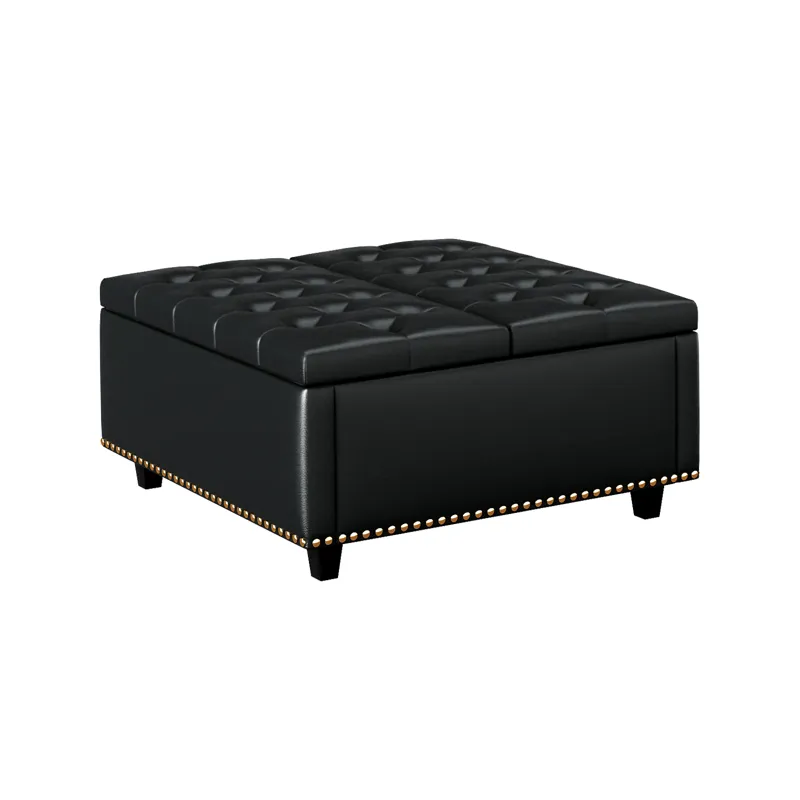 Large Square Storage Stool With Two Storage Doors, Footstool For Living Room Studded Mid-Century Mod