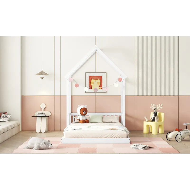 Full Roof-Framed Headboard Floor Bed With Headboard Guardrails - Without Slats White