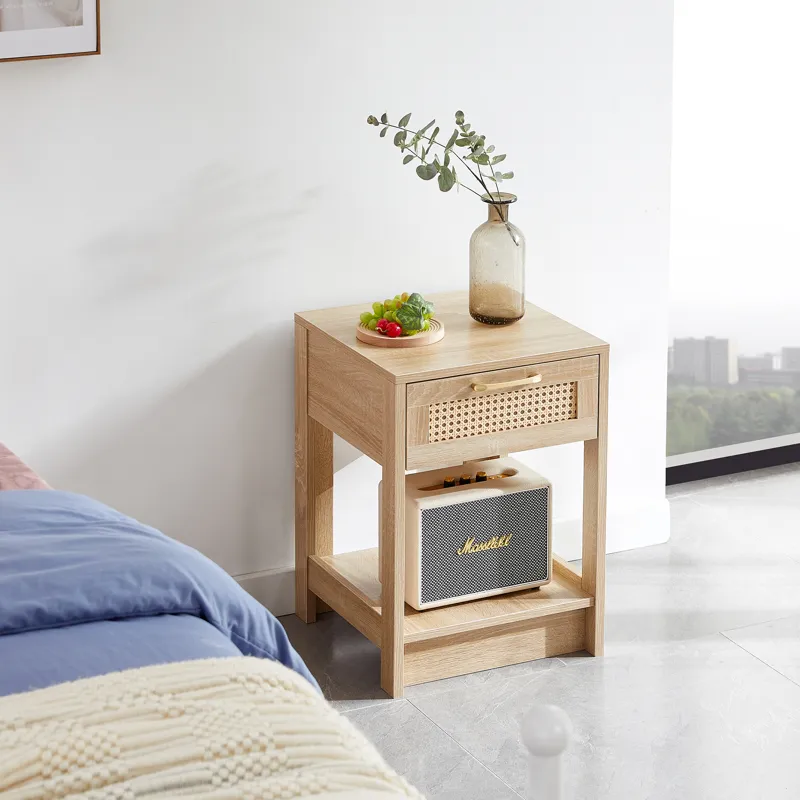 15.75\" Rattan End Table With Drawer, Modern Nightstand, Side Table For Living Room, Bedroom - Natur