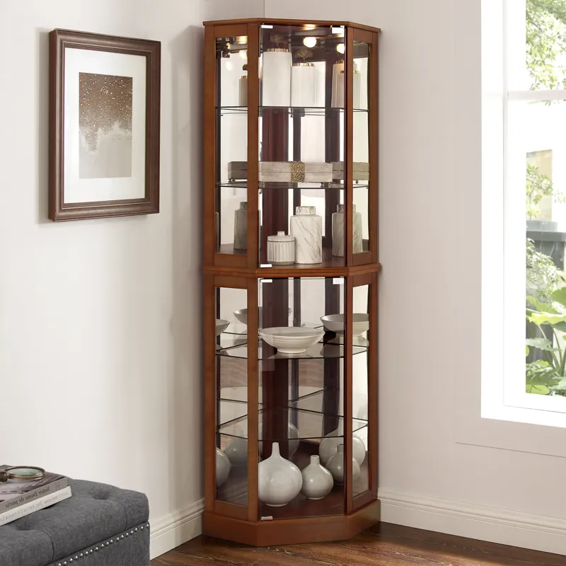 6 Shelf Corner Curio Display Cabinet With Lights, Mirrors And Adjustable Shelves (E26 Light Bulb Not