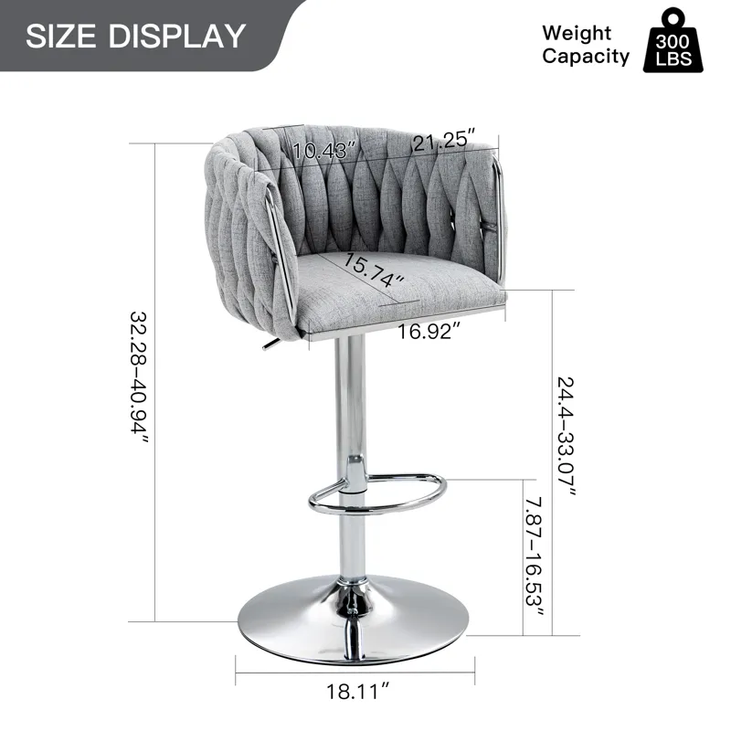 360 Degree Swivel Bar Stools Adjustable Counter Height Bar Chairs With Woven Back & Footrest, Silver