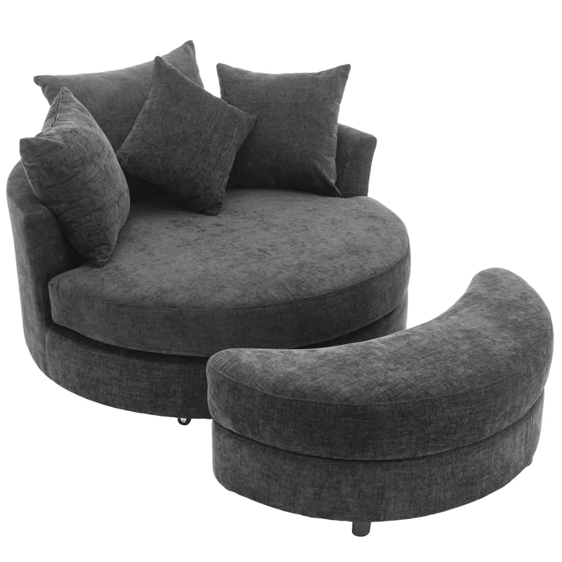 360° Swivel Accent Barrel Chair With Storage Ottoman & 4 Pillows, Modern Chenille Leisure Chair Roun