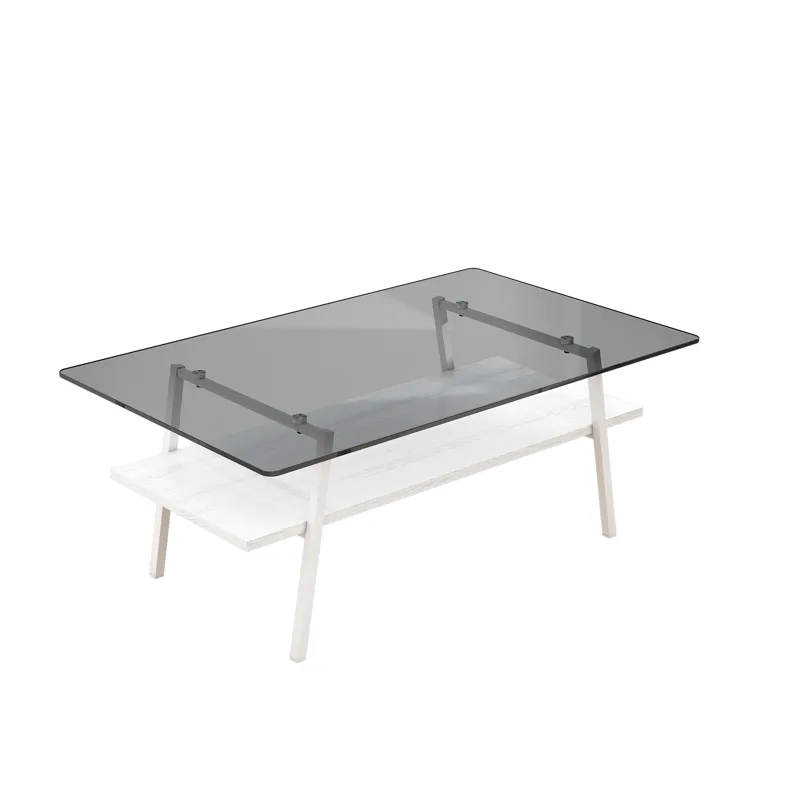 Rectangle Coffee Table, Tempered Glass Tabletop With White Metal Legs, Modern Table For Living Room 