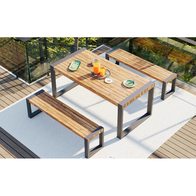 3 Pieces Outdoor Dining Table With 2 Benches, Patio Dining Set With Unique Top Texture, Acacia Wood 