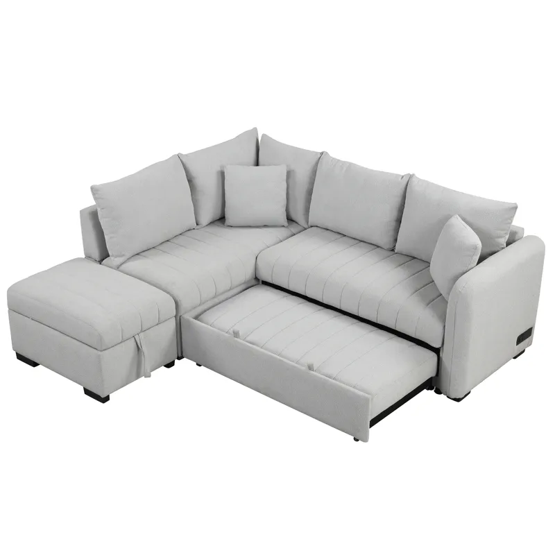 L-Shaped Sectional Pull Out Sofa Bed Sleeper Sofa With Two USB Ports, Two Power Sockets And A Movabl