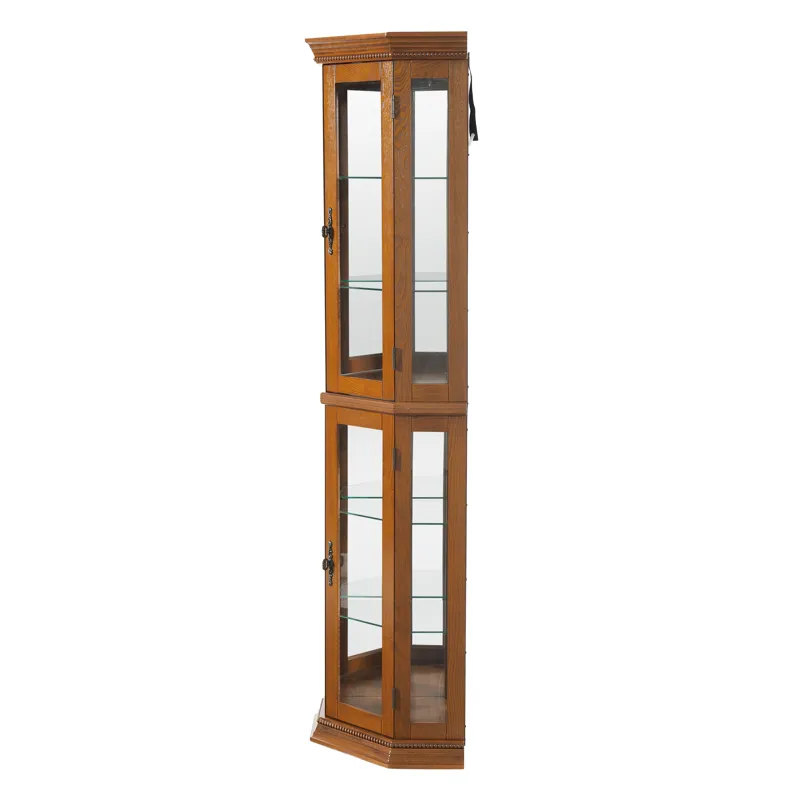 Corner Curio Cabinet With Lights, Adjustable Tempered Glass Shelves, Mirrored Back, Display Cabinet (E26 Light Bulb Not Included) - Oak