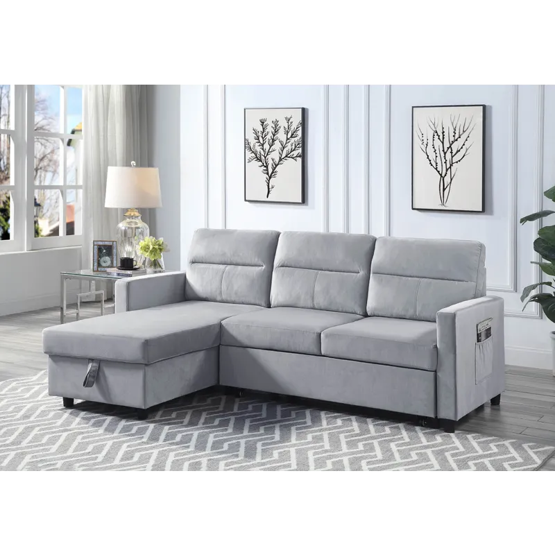 Ruby - Velvet Reversible Sleeper Sectional Sofa With Storage Chaise And Side Pocket - Light Gray