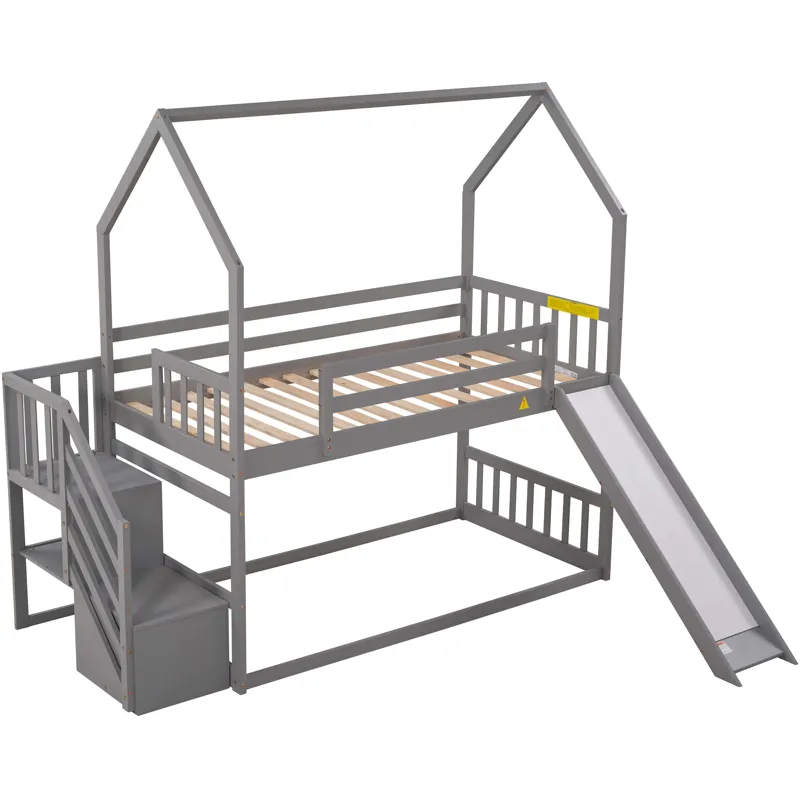 Twin Over Twin House Bunk Bed With Convertible Slide, Storage Staircase Can Be Placed Left Or Right 