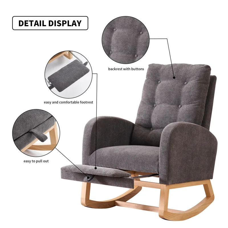 Accent Rocking Chair With Footrest High Back Rubber Wood Rocking Legs Bedroom Living Space - Gray