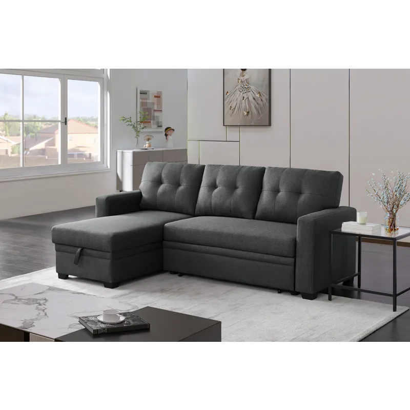 Upholstered Pull Out Sectional Sofa With Chaise - Dark Gray