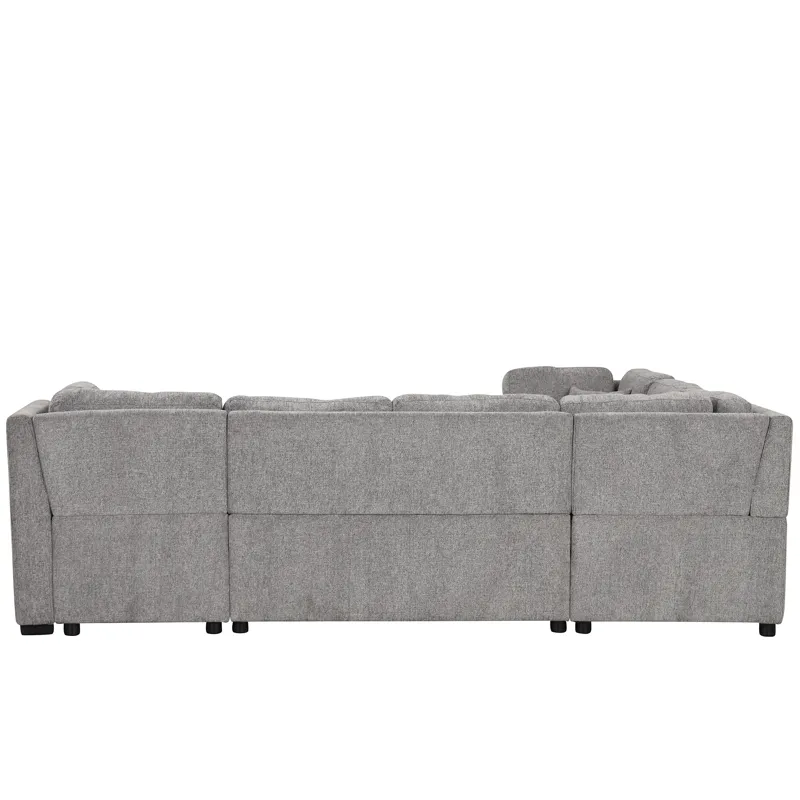 U-Shaped Sectional Sofa Pull Out Sofa Bed With Two USB Ports, Two Power Sockets, Three Back Pillows 