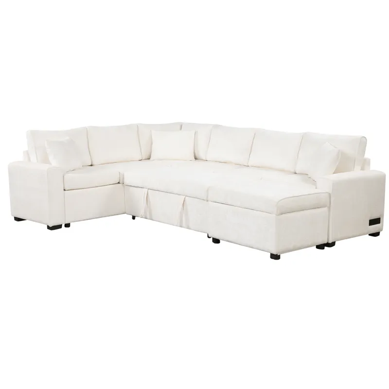 Sectional Sofa Pull-Out Sofa Bed Sleeper With A Storage Ottoman, Three Pillows And Charging Devices 