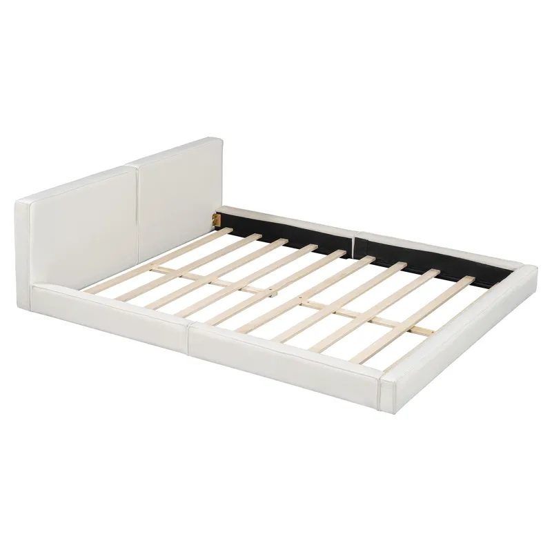 Queen Size Upholstered Platform Bed With , Grounded Bed With Solid Frame - Beige