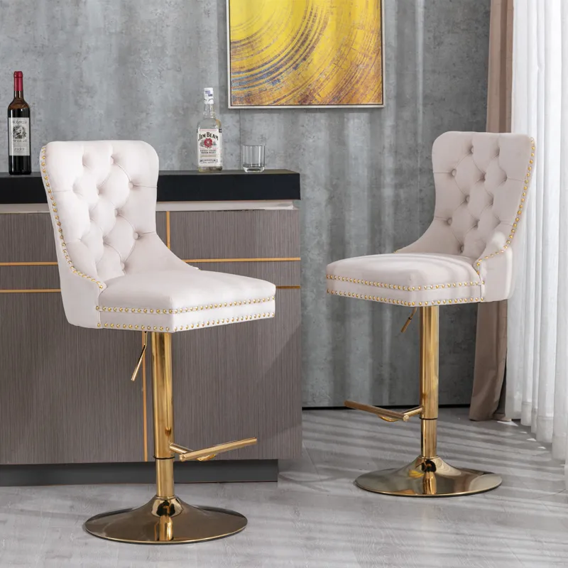 Thick Golden Swivel Velvet Barstools Adjusatble Seat Height From 27-35\", Modern Upholstered Bar Sto