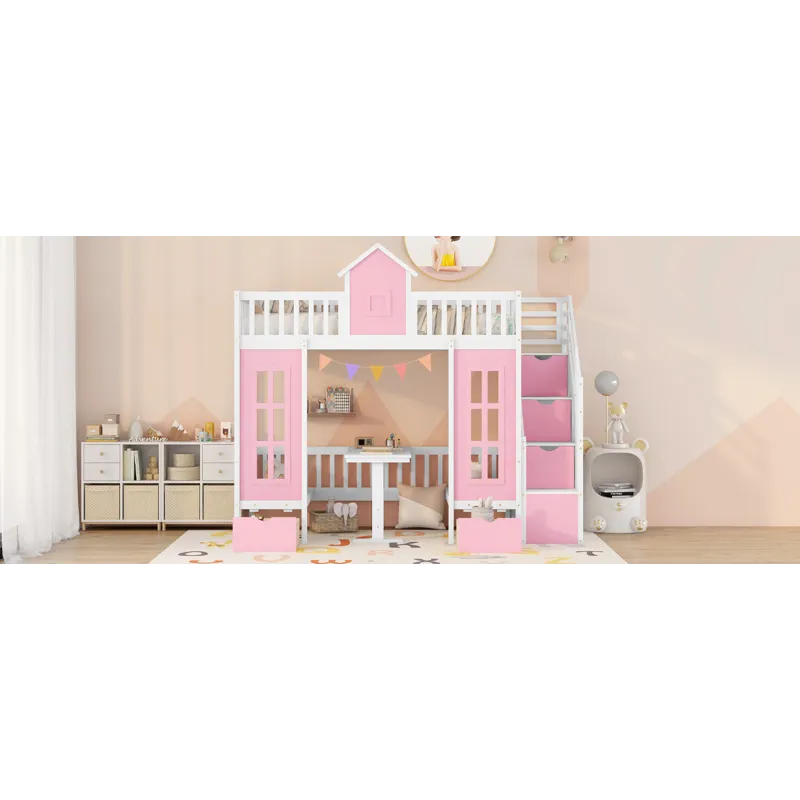 Twin Over Twin Bunk Bed With Changeable Table, Bunk Bed Turn Into Upper Bed And Down Desk - Pink