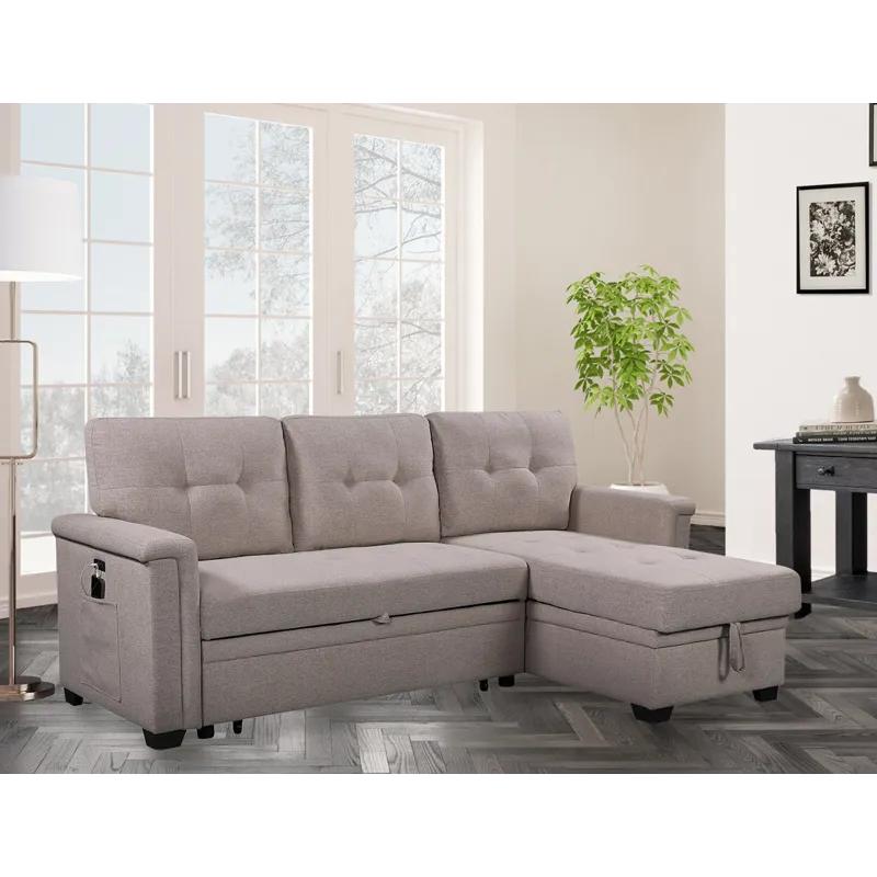 Nathan - Reversible Sleeper Sectional Sofa With Storage Chaise, USB Charging Ports And Pocket - Ligh