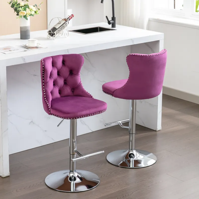 Swivel Velvet Barstools, Adjusatble Seat Height 1712PP (Set of 2) - Purple