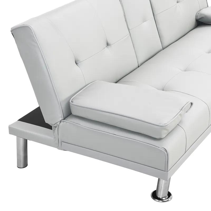 Futon Sofa Bed With Armrest Two Holders - White