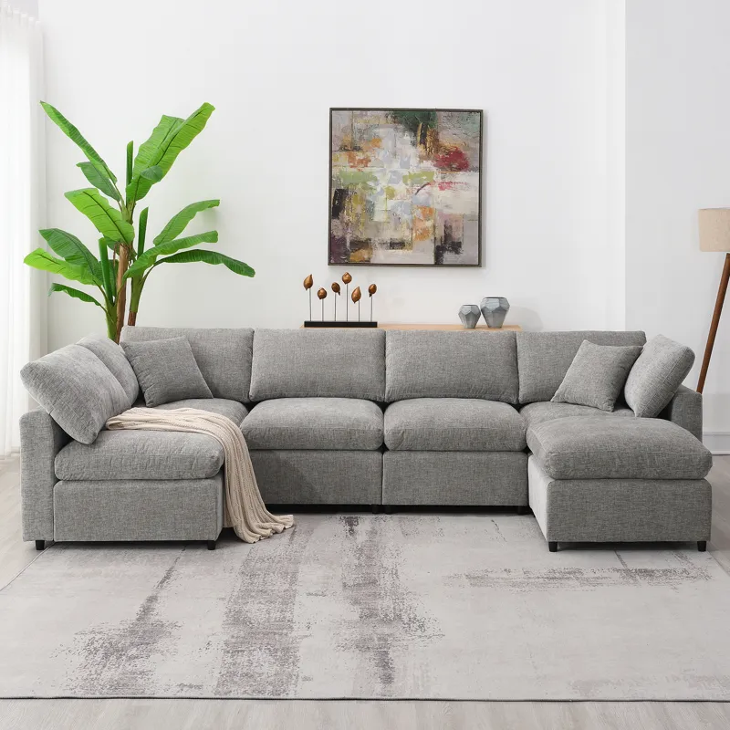 Modern Modular Cloud Sofa Bed, 6 Seat Chenille Sectional Couch Set With Ottoman, Free Combination, C