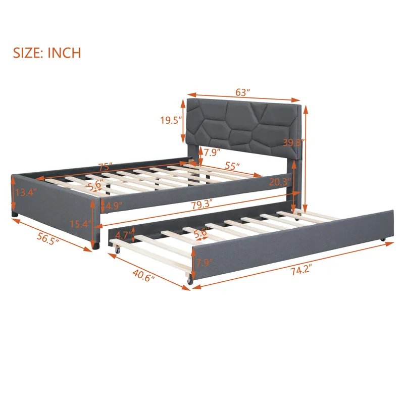 Full Size Upholstered Platform Bed With Brick Pattern Headboard And Twin Size Trundle, Linen - Gray