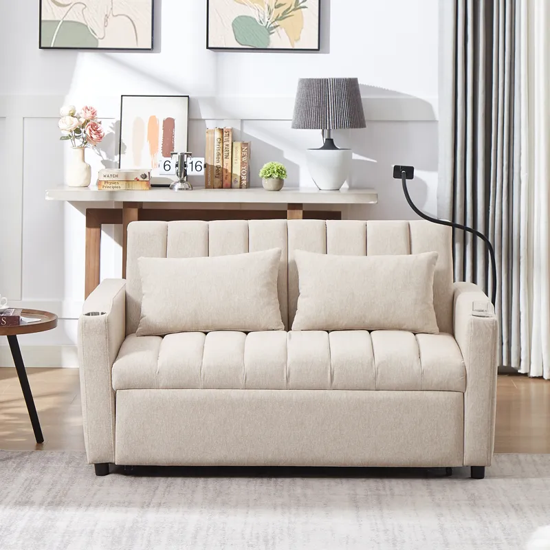 Convertible Sofa Bed Loveseat Sofa With Three USB Ports, Two Side Pockets, Two Cup Holders And 360° 