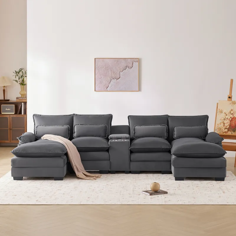 Modern U Shaped Sofa With Console, Cupholders And USB Ports, 6 Seat Upholstered Symmetrical Indoor F