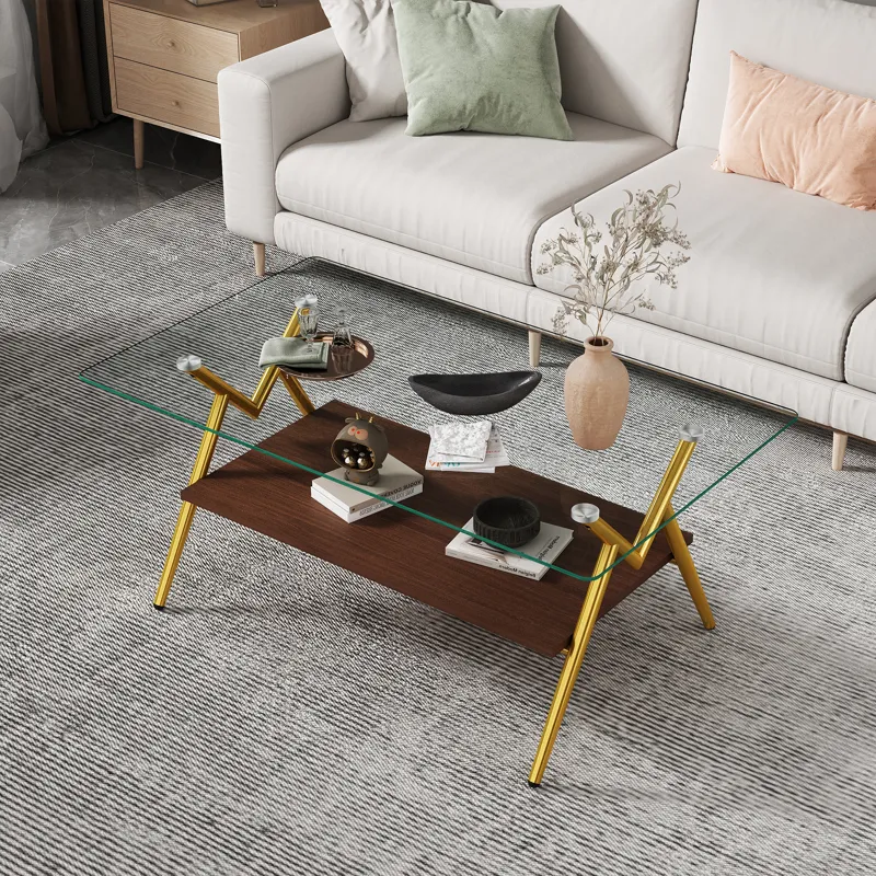 Rectangle Coffee Table With Tempered Glass Top And Golden Metal Legs, Modern Table For Living Room, 