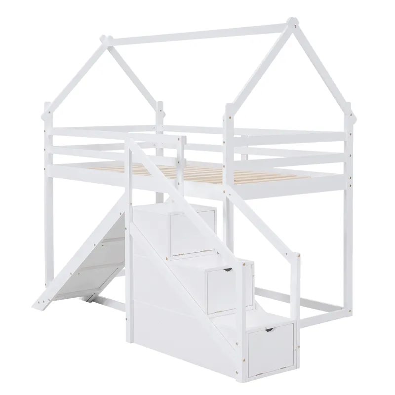 Twin Over Twin House Loft Or Bunk Bed With Slide And Staircase - White