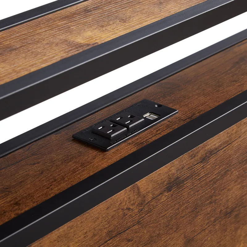 Twin Size Metal Platform Bed Frame With Wooden Headboard And Footboard With USB Liner, LED Lights, N