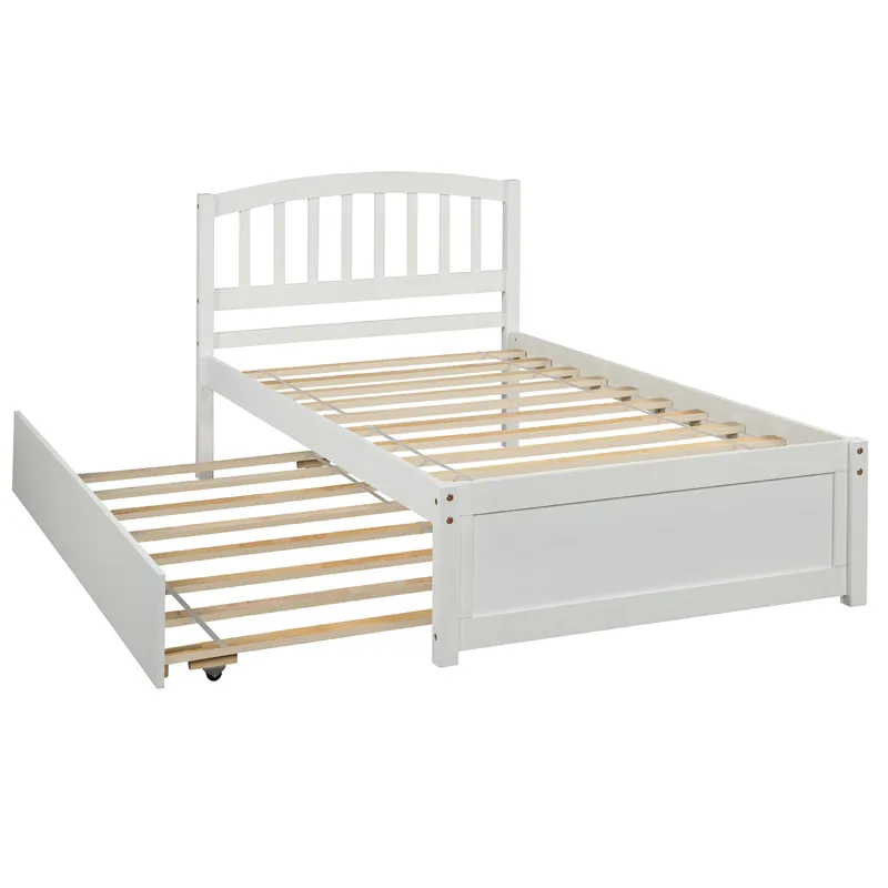 Twin Size Platform Bed Wood Bed Frame With Trundle - White