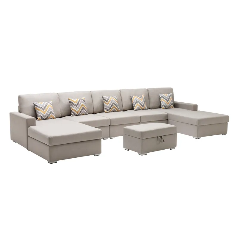 Nolan - Linen Fabric 6 Piece Double Chaise Sectional Sofa With Interchangeable Legs, Storage Ottoman