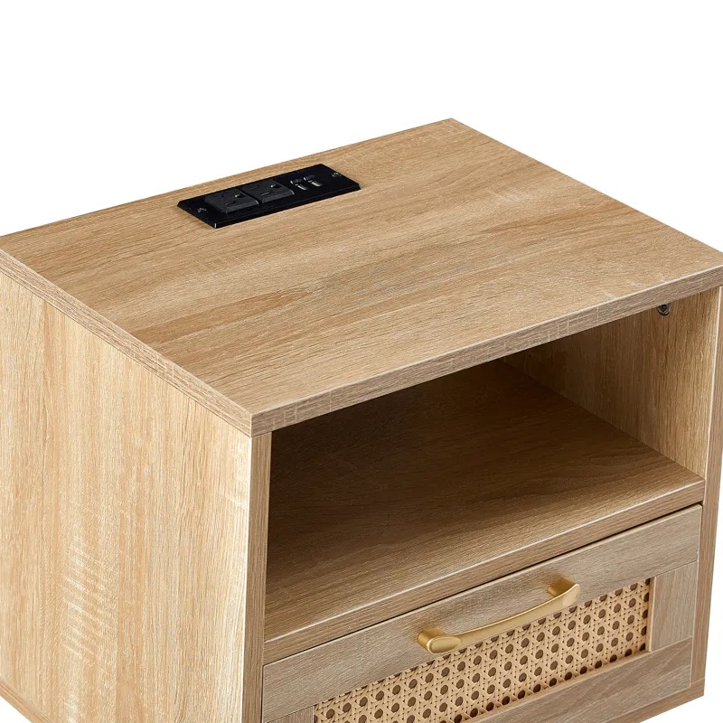 15.75\" Rattan End Table With Power Outlet & USB Ports, Modern Nightstand With Drawer And Solid Wood
