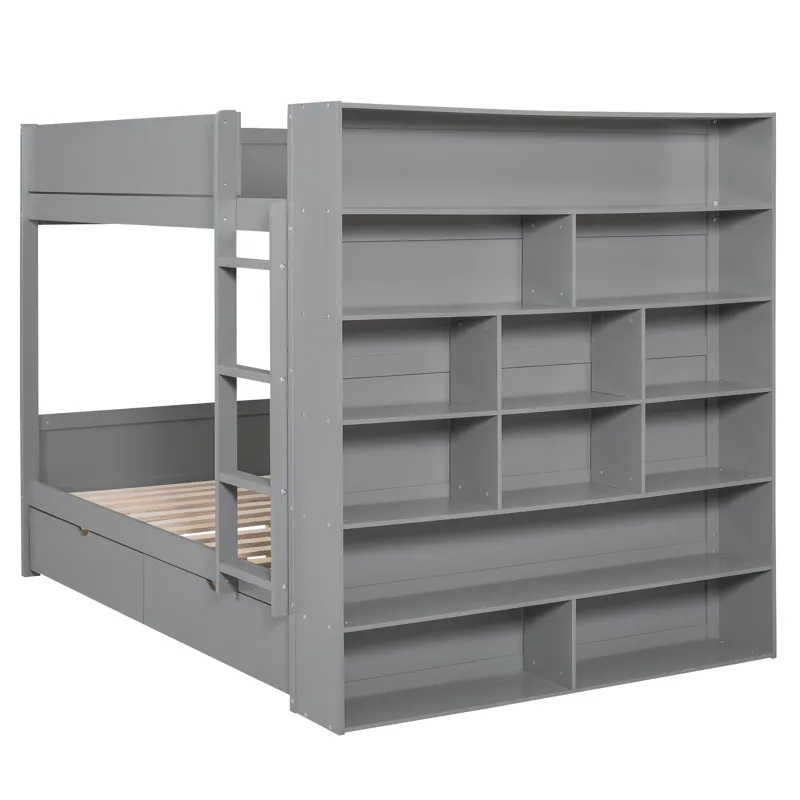 Full Over Full Bunk Bed With 2 Drawers And Multi - Layer Cabinet - Gray