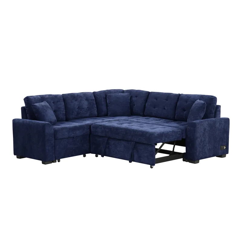 L-Shape Sofa Bed Pull-Out Sleeper Sofa With Wheels, USB Ports, Power Sockets For Living Room - Navy 