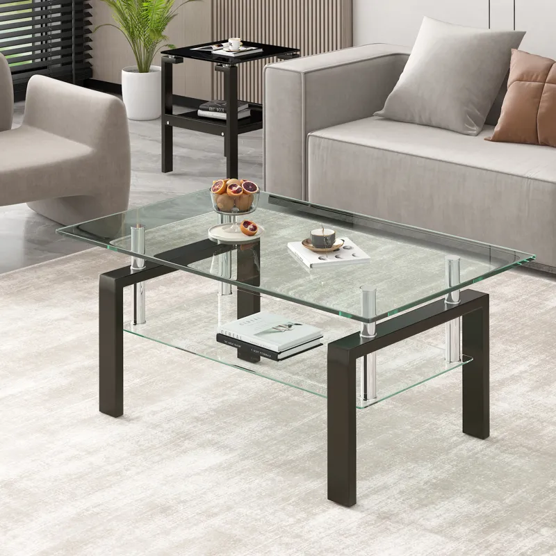 Tempered Clear Glass Coffee Table, 2-Layers Coffee Table Living Room Center Table - Black