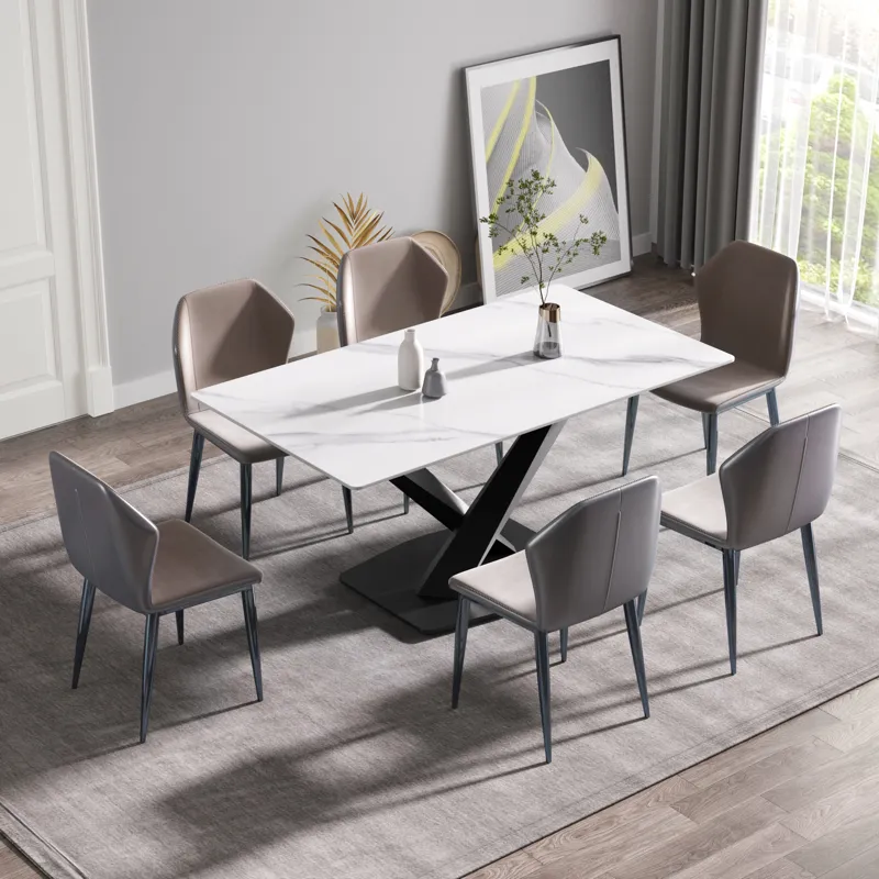 63\" Modern Artificial Stone Straight Edge Metal X-Leg Dining Table, 6 People - White / Black