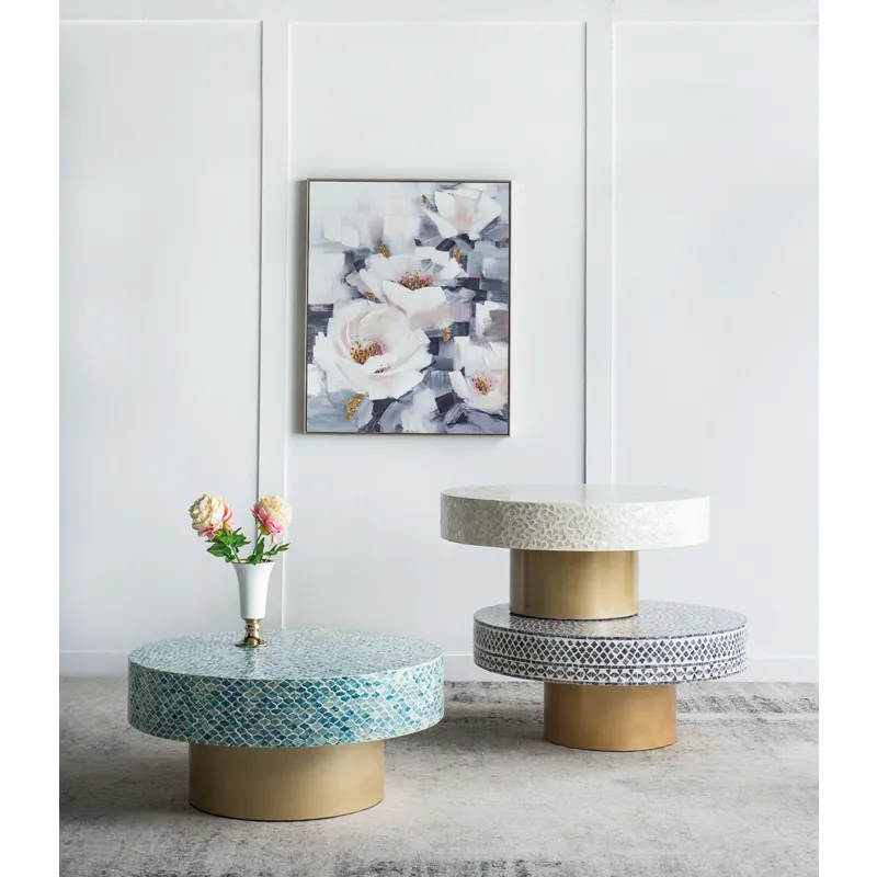 Unique Capiz Coffee Table With Pedestal Base - Cream / Gold