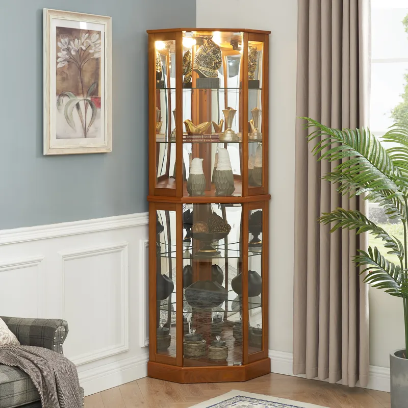 6 Shelf Corner Curio Display Cabinet With Lights, Mirrors And Adjustable Shelves (E26 Light Bulb Not