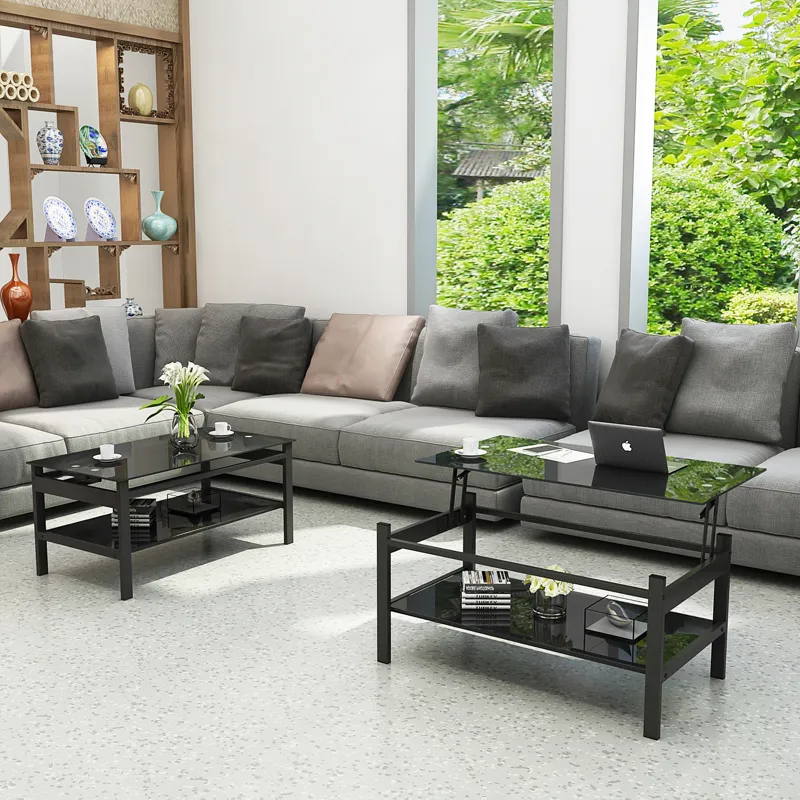 Glass Lift Top Coffee Table, Modern Simple 2-Layer Tempered Glass Coffee Table For Living Room - Bla