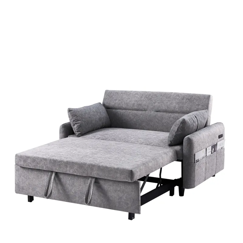 Pull Out Sleep Sofa Bed Loveseats Sofa Couch With Adjsutable Backrest, Storage Pockets, 2 Soft Pillo