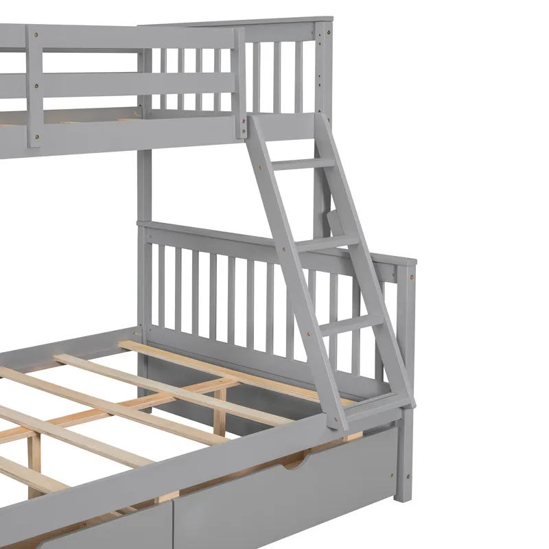 Twin Over Full Bunk Bed With Ladders And Two Storage Drawers - Gray