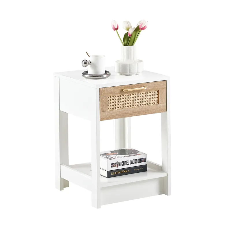 15.75\" Rattan End Table With Drawer, Modern Nightstand, Side Table For Living Room, Bedroom - White