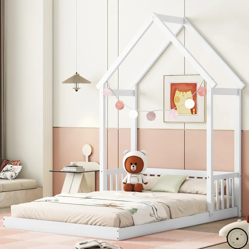 Full Roof-Framed Headboard Floor Bed With Headboard Guardrails - Without Slats White
