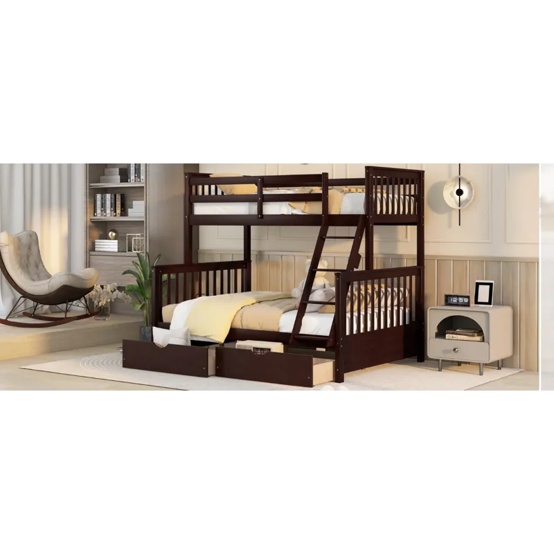 Twin Over Full Bunk Bed With Ladders And Two Storage Drawers - Espresso