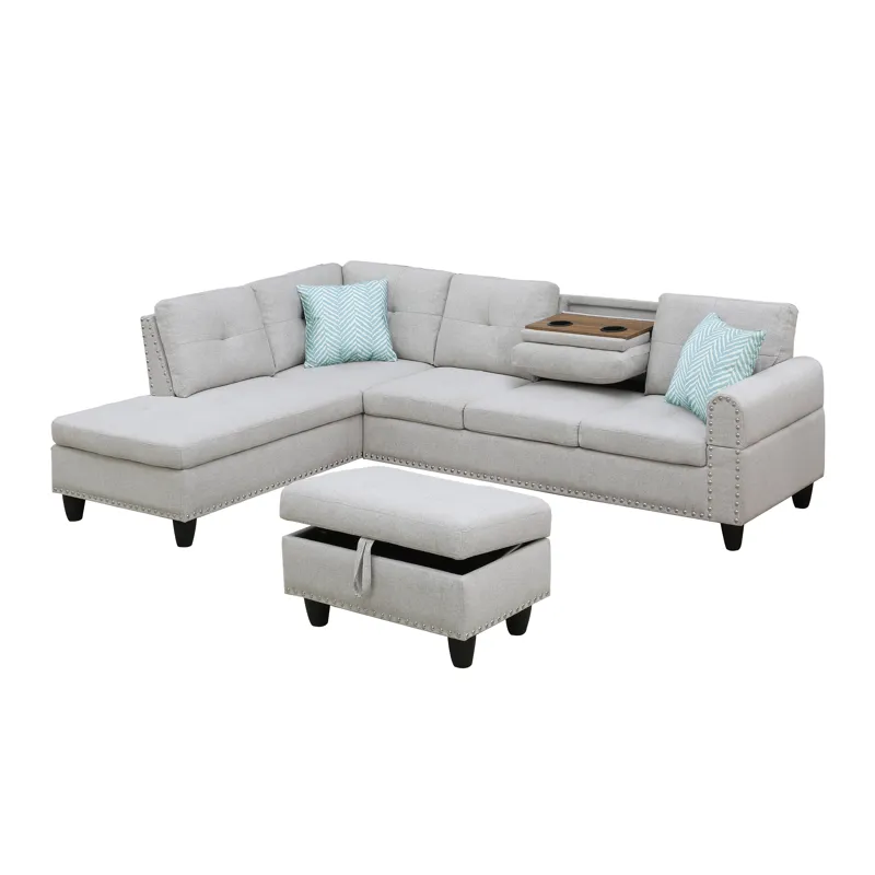 Alger - 98" Wide Left Hand Facing Sofa & Chaise With Ottoman - Light Gray