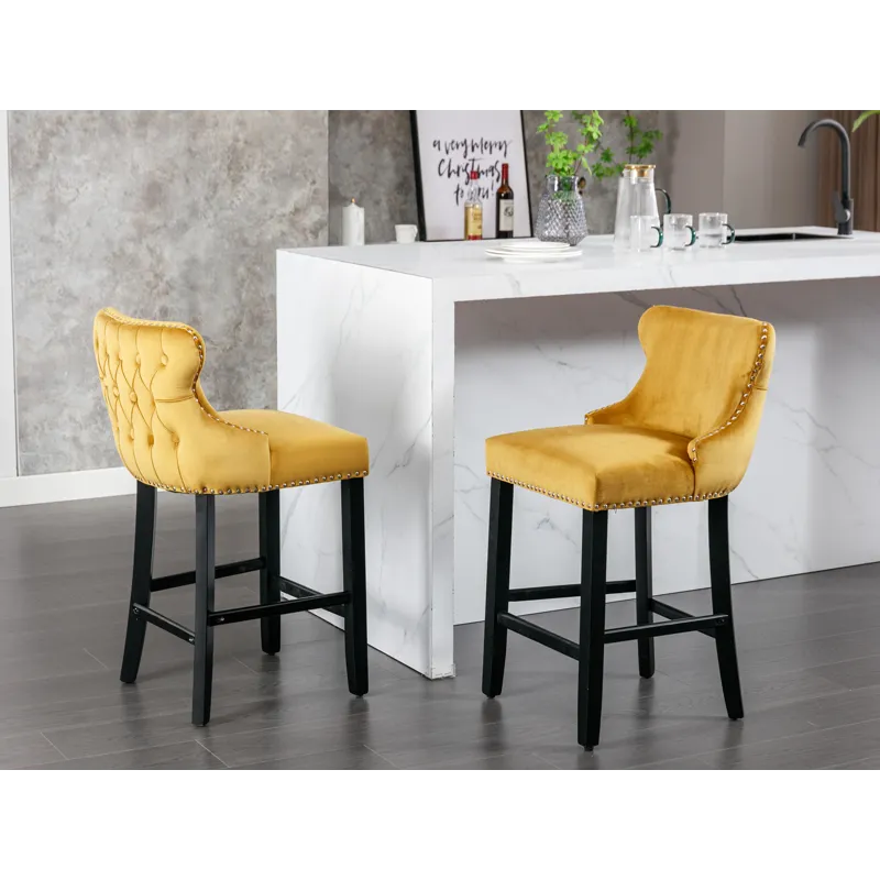 Contemporary Velvet Upholstered Wing-Back Barstools With Button Tufted Decoration And Wooden Legs, A