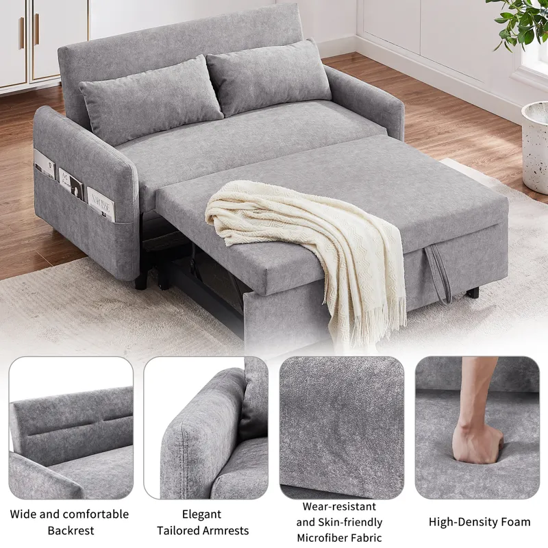 Pull Out Sleep Sofa Bed Loveseats Sofa Couch With Adjsutable Backrest, Storage Pockets, 2 Soft Pillo
